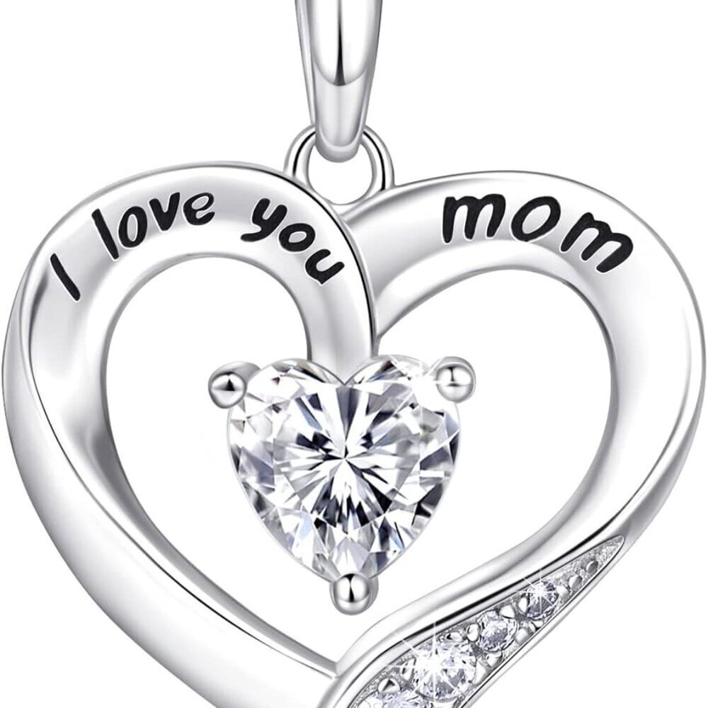 Sterling Silver Heart Mom Necklace Engraved I Love You for Women